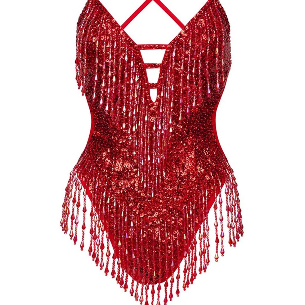 White/Iridescent Sequin Fringe Bodysuit